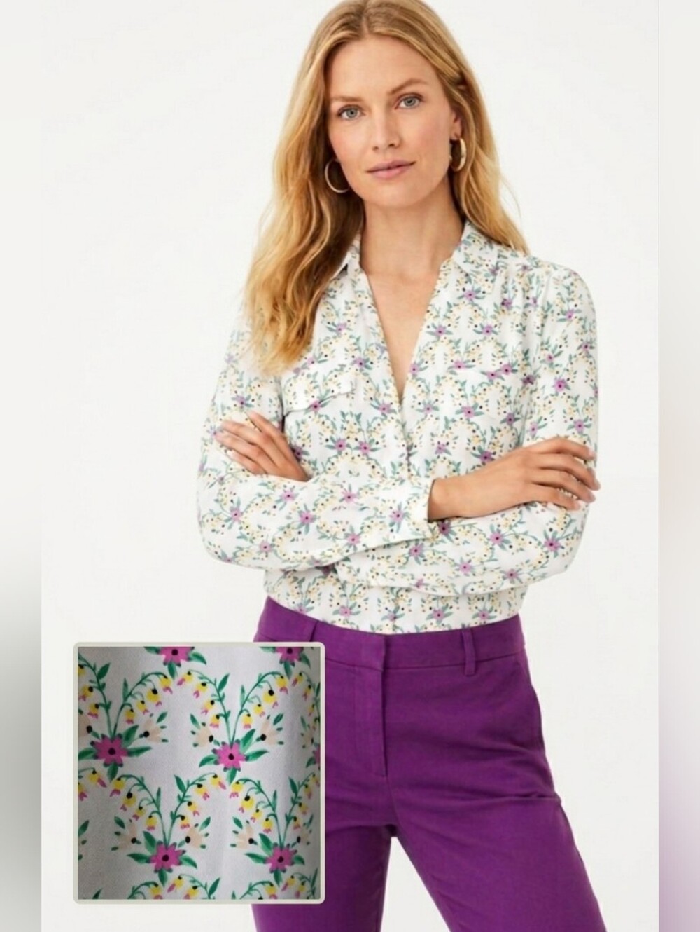 Ann Taylor White Floral Button-Down Blouse Size XS